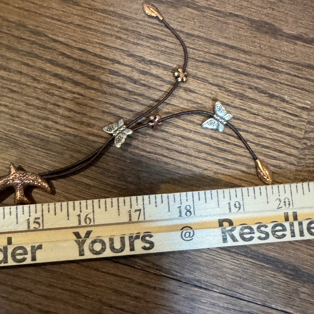 Boho Mixed Metal Butterfly Bird Lariat Necklace Brown Cord Nature Whimsical 36in - Picture 5 of 9